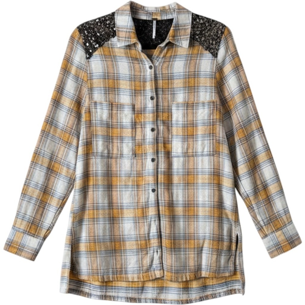 Free People Plaid Button Down S Yellow Sequin Yoke Flannel Boho Glam‎